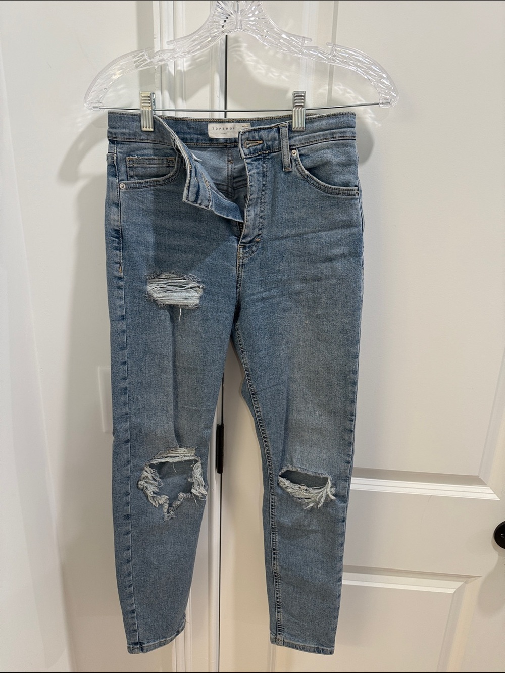 Topshop Skinny Distressed Jeans in Medium Blue